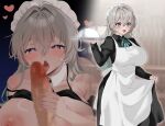  1boy 1girl :o alternate_costume apron ayomo_ro black_bra bra bra_lift breasts censored clothes_lift commentary_request fellatio firefly_(honkai:_star_rail) grey_hair hairband heart hetero highres holding holding_own_dress holding_tray honkai:_star_rail honkai_(series) large_breasts licking licking_penis long_hair long_sleeves maid maid_apron maid_headdress mosaic_censoring oral penis puffy_long_sleeves puffy_sleeves serving_dome standing tongue tongue_out tray underwear white_apron 