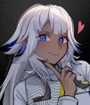  1girl absurdres arknights arknights:_endfield black_background blue_eyes blue_streaks blush colored_inner_hair dark-skinned_female dark_skin elevation_contour_lines fiona_(arknights) hand_up heart highres jacket long_hair long_sleeves looking_at_viewer meowlly_(zerothdirective) multicolored_hair portrait shade simple_background smile solo streaked_hair twitter_username white_hair white_jacket 