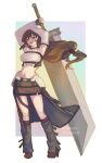  1girl absurdres artist_name black_gloves black_skirt blush boots border breasts brown_hair buster_sword chest_harness crop_top detached_sleeves final_fantasy final_fantasy_vii final_fantasy_vii_remake final_fantasy_vii_revelation fingerless_gloves floating_hair full_body gloves gradient_background hair_between_eyes hair_tie harness high-low_skirt highres holding holding_behind_back holding_sword holding_weapon holding_weapon_behind_back large_breasts lilynsword long_hair looking_at_viewer low-tied_long_hair midriff navel official_alternate_costume parted_lips rainbow_background red_boots red_eyes shirt skirt sleeveless sleeveless_shirt smile solo standing sword tifa_lockhart tifa_lockhart_(black_mage) weapon white_border white_shirt white_sleeves 