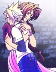  1boy 1girl aerith_gainsborough age_difference arms_around_another's_back bangle black_shirt blonde_hair blue_shorts blurry blurry_background bracelet braid braided_ponytail brick_wall brown_hair cloud_strife comforting commentary crying dress english_commentary final_fantasy final_fantasy_vii final_fantasy_vii_rebirth final_fantasy_vii_remake hair_ribbon hair_tie herzenreine highres hug jacket jewelry long_dress long_hair low_ponytail parted_bangs parted_lips pink_dress pink_ribbon ponytail red_jacket ribbon shirt shirt_under_shirt short_hair short_ponytail short_sleeves shorts spiked_hair tearing_up tears white_shirt 