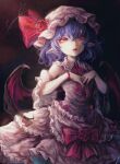  1girl adapted_costume bat_wings blue_hair bow bowtie commentary_request detached_sleeves flower hair_between_eyes hat hat_flower hat_ribbon highres kyogoku-uru looking_at_viewer medium_hair mob_cap pink_bow pink_bowtie pink_hat pink_shirt pointy_ears red_eyes red_flower red_rose remilia_scarlet ribbon rose shirt signature skirt skirt_bow skirt_set sleeveless sleeveless_shirt solo touhou wings zun_pose 