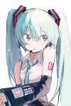  1girl absurdres aqua_hair aqua_necktie bare_shoulders commentary detached_sleeves hatsune_miku headset heart highres long_hair looking_to_the_side miyononon necktie number_tattoo shirt shoulder_tattoo simple_background sleeveless sleeveless_shirt solo tattoo twintails very_long_hair vocaloid white_background white_shirt 