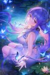  1girl absurdres back_cutout bare_arms bare_shoulders breasts bug butterfly closed_mouth clothing_cutout commentary_request dress fern_(sousou_no_frieren) floating_hair frilled_dress frills from_behind hair_ornament half_updo highres large_breasts long_hair looking_at_viewer looking_back purple_eyes purple_hair rain scrunchie sleeveless sleeveless_dress smile solo sousou_no_frieren very_long_hair water wet white_dress wrist_scrunchie yahiro_(heartseek000) 