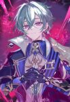  1boy armor arms_up black_choker blue_coat blue_gem blue_hair blue_shirt choker closed_mouth coat collared_coat commentary crossed_bangs double-parted_bangs gem genshin_impact hair_between_eyes hair_intakes high_collar highres lapels lohen_(genshin_impact) long_sleeves male_focus multicolored_eyes multicolored_shirt own_hands_clasped own_hands_together pauldrons senaga_(pivo) shirt short_hair shoulder_armor single_pauldron solo upper_body white_shirt wing_collar 
