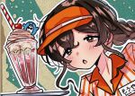  1girl alternate_costume bird braid cherry commentary drinking_straw food fruit ice_cream ice_cream_float kantai_collection kaomoji_(sagor00237) long_hair orange_eyes orange_visor_cap penguin shirt single_braid souya_(kancolle) striped_clothes striped_shirt untranslatable_commentary upper_body vertical-striped_clothes vertical-striped_shirt waitress 