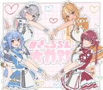  4girls :> :d ;> ;) anchor angel_wings_hair_ornament animal_ear_fluff animal_ears apron arrow_through_heart back_bow bandaid bandaid_on_leg barcode belly_chain belt black_ribbon blonde_hair blue_bow blue_dress blue_hair blue_wrist_cuffs blush border bow braid breasts bright_pupils carrot carrot_hair_ornament character_name cleavage_cutout closed_mouth clothing_cutout commentary cowboy_shot cross-laced_clothes cross-laced_sleeves crossed_bangs dark-skinned_female dark_elf dark_skin dot_nose dress elf fanged_bangs feet_out_of_frame floating floating_object flower food-themed_hair_ornament frilled_apron frilled_dress frilled_hairband frilled_sleeves frilled_wrist_cuffs frills green_eyes grey_dress grey_hair grey_wrist_cuffs grid_background grin hair_between_eyes hair_bow hair_intakes hair_ornament hair_ribbon hairband half-closed_eye heart heart_apron heart_arms heart_arms_quartet heart_hair_ornament high_collar high_ponytail highres hikimayu hololive hololive_3rd_generation_live_outfit hololive_fantasy houshou_marine jewelry large_bow large_breasts layered_dress leaning_back leaning_forward long_hair long_pointy_ears long_sidelocks looking_at_viewer maid maid_apron maid_headdress medium_hair multicolored_dress multicolored_hair multicolored_thighhighs multiple_girls official_alternate_costume one_eye_closed open_mouth orange_dress orange_eyes orange_wrist_cuffs parted_bangs pink_background pointy_ears pom_pom_(clothes) pom_pom_hair_ornament ponytail puffy_short_sleeves puffy_sleeves rabbit-shaped_pupils rabbit_ears rabbit_girl raised_eyebrows red_bow red_dress red_eyes red_hair red_ribbon red_wrist_cuffs ribbon shino_12a shiranui_flare shirogane_noel short_dress short_eyebrows short_sleeves side_braid side_part sidelocks small_breasts smile streaked_hair striped_clothes striped_wrist_cuffs swept_bangs symbol-shaped_pupils teeth tenshi_kaiwai thick_eyebrows thighhighs title translation_request twin_braids twintails two-tone_hair two-tone_thighhighs two-tone_wrist_cuffs untranslatable_commentary upper_teeth_only usada_pekora virtual_youtuber wavy_hair white_apron white_belt white_border white_bow white_hair white_hairband white_pupils white_streaks white_thighhighs wing_hair_ornament wrist_cuffs x_hair_ornament yellow_bow yellow_eyes zipper_pull_tab 