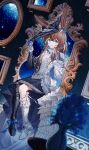  1girl absurdres amiya_(arknights) amiya_(guard)_(arknights) amiya_(guard)_(in_a_myriad_of_universes)_(arknights) animal_ears arknights armor asymmetrical_footwear black_boots black_hat blue_bow blue_eyes blue_flower boots bow brown_hair center_frills closed_mouth commentary crossed_bangs dress flower footwear_bow frilled_boots frilled_dress frilled_footwear frills full_body hat highres holding holding_flower jewelry layered_dress long_hair long_sleeves mawaru_(deflagration) mirror mismatched_footwear multiple_rings picture_frame plant potted_plant ring shoulder_guard single_armored_boot sitting smile solo star_(sky) surreal too_many too_many_frills white_boots white_dress 