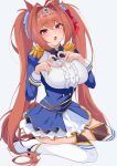  1girl absurdres aiguillette animal_ears black_bow black_thighhighs blue_jacket blue_skirt blush bow breasts brown_hair center_frills commentary daiwa_scarlet_(peak_blue)_(umamusume) daiwa_scarlet_(umamusume) epaulettes fang four-finger_heart_hands frills garter_straps hair_intakes heart heart_hands highres horse_ears horse_girl horse_tail jacket juliet_sleeves large_breasts layered_legwear layered_skirt long_hair long_sleeves looking_at_viewer mekoneko0478 open_mouth puffy_sleeves red_eyes shirt shoes sitting skin_fang skirt solo tail thighhighs tiara twintails umamusume very_long_hair wariza white_shirt white_shoes white_skirt white_thighhighs 