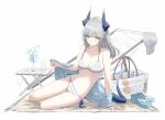  1girl absurdres arknights aviator_sunglasses bag bare_arms bare_legs barefoot belly bikini blue_horns breasts closed_mouth commentary cup english_commentary hat highres horns leaning_to_the_side liskarm_(arknights) long_hair looking_at_viewer medium_breasts navel pppmepl shoes smile snifter_glass solo straight-on striped_bikini striped_clothes sunglasses swimsuit tail tinted_eyewear unworn_hat unworn_headwear unworn_shoes white_hair wide_shot yellow_eyes yellow_nails 