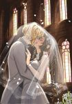  1boy 1girl aerith_gainsborough arm_around_another's_waist blonde_hair bow bowtie braid breasts bridal_veil brown_hair church circlet closed_eyes cloud_strife colored_eyelashes couple dress falling_petals final_fantasy final_fantasy_vii flower grey_bow grey_bowtie grey_jacket grey_pants grey_vest hair_flower hair_ornament hair_ribbon hand_on_another's_chest herzenreine hetero highres husband_and_wife indoors jacket kiss lace lace_sleeves lily_(flower) long_hair medium_breasts official_alternate_costume pants parted_bangs petals ribbon rose shirt short_hair sidelocks single_braid stained_glass sunlight veil vest waistcoat wedding white_dress white_flower white_petals white_ribbon white_rose white_shirt 