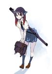  bag black_hair bookbag grin hair_ribbon kneehighs leaning_forward loafers long_hair multicolored_hair original red_eyes red_hair ribbon sasaoka_gungu school_bag school_uniform shoes sketch smile solo twintails two-tone_hair weapon_bag 