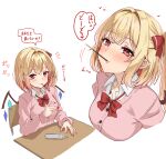  1girl alternate_costume amagi_(amagi626) blonde_hair blush bow bowtie breasts cardigan chair collared_shirt commentary_request contemporary desk flandre_scarlet food food_in_mouth hair_bow heart highres looking_at_viewer loose_bowtie medium_breasts motion_lines multiple_views pink_cardigan pocky pocky_in_mouth red_bow red_bowtie red_eyes red_nails school_chair school_desk school_uniform shirt simple_background smile speech_bubble spoken_heart touhou translated white_background white_shirt 