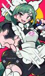  1girl apron black_dress blush bow bowtie breasts brooch commentary_request dress great_ball green_hair grey_eyes hacco_mayu hair_bow highres jewelry lebanne_(pokemon) long_hair long_sleeves looking_at_viewer medium_breasts open_mouth outstretched_arm poke_ball pokemon pokemon_legends:_z-a smile solo sparkle thighhighs very_long_hair white_apron white_thighhighs 