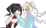  2girls :d ame-chan_(needy_girl_overdose) black_eyes black_hair blonde_hair blue_bow blue_eyes blue_hair blue_shirt blunt_bangs blush bow bowtie chouzetsusaikawa_tenshi-chan commentary double_helix eye_contact face-to-face from_side gradient_hair hair_bow hair_ornament hair_tie hand_on_another's_face heart iridescent_clothes long_sleeves looking_at_another medium_hair multicolored_hair multiple_girls multiple_hair_bows needy_girl_overdose open_mouth paint_chat_(medium) pink_bow pink_hair profile puffy_long_sleeves puffy_sleeves purple_bow quad_tails red_shirt sailor_collar sailor_shirt school_uniform shirt short_sleeves sidelocks simple_background smile twintails upper_body white_background x_hair_ornament yellow_bow yellow_bowtie yuusaoconomi 
