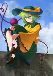  1girl absurdres black_hat blue_sky bow brown_shoes buttons chinese_commentary closed_mouth cloud collared_shirt commentary_request day diamond_button disembodied_linked_eye eyeball frilled_shirt_collar frilled_skirt frilled_sleeves frills green_eyes green_hair green_skirt hat hat_bow heart heart_of_string highres jian_wei_xiao_shi_pian komeiji_koishi long_sleeves medium_hair shirt shoes sitting skirt sky smile socks solo touhou white_socks wide_sleeves yellow_bow yellow_shirt 