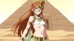  1girl ancient_egyptian_clothes armlet bandages bracelet breasts circlet commentary desert glasses gold_armlet gold_bracelet highres jewelry long_hair looking_at_viewer navel orange_hair persona persona_5 pyramid_(structure) sakura_futaba shadow_(persona) shadow_futaba shendyt small_breasts solo uraeus usekh_collar velvet_hour yellow_eyes 