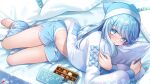  1girl barefoot blue_bow blue_eyes blue_hair blue_hat bow box box_of_chocolates copyright_name hair_ornament hairclip hat highres hinase_chiyoko hugging_object long_hair long_sleeves looking_at_viewer lucianette_chloe lying midriff navel on_bed on_side parallel_hairclips pillow pillow_hug root_eden short_shorts shorts solo twisted_torso 