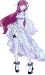  1girl absurdres blunt_bangs breasts choker dress eyelashes frilled_choker frills full_body hair_ornament hair_ribbon hairband highres lolita_fashion long_hair long_sleeves looking_to_the_side medium_breasts open_mouth persona persona_3 persona_3_reload red_hair ribbon sidelocks solo standing thighhighs white_background white_dress white_ribbon white_thighhighs yoshino_chidori zel_0921 