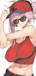  1girl absurdres armpits bare_shoulders baseball_cap belt blue_eyes breasts chaldea_logo cleavage commentary denim earrings fate/grand_order fate_(series) hat highres jeans jewelry kamisato_sora large_breasts leaf_earrings long_hair looking_at_viewer midriff miyamoto_musashi_(fate) miyamoto_musashi_(traveling_outfit)_(fate) navel pants pink_hair ponytail red_hat red_tank_top sagging_breasts smile steaming_body stretching sunglasses sweat tank_top toned toned_female untranslatable_commentary 