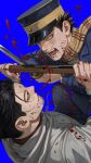  2boys absurdres angry arisaka beard_stubble black_eyes black_hair blood blood_on_clothes blood_on_face blood_spray blue_background blue_jacket bolt_action brown_hair brown_scarf cloak commentary duel english_commentary facial_hair golden_kamuy gun hair_slicked_back hat highres holding holding_gun holding_sword holding_weapon hood hood_down jacket katana kepi looking_at_another loose_hair_strand male_focus military_hat military_uniform montutu_yupii multiple_boys nosebleed ogata_hyakunosuke open_mouth rifle scar scar_on_face scarf short_hair simple_background smile star_(symbol) stubble sugimoto_saichi sword teeth weapon white_cloak yellow_eyes 