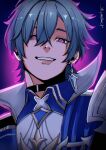  1boy armor black_choker blue_coat blue_hair blue_shirt caasofss choker coat collared_coat collared_shirt commentary double-parted_bangs earrings genshin_impact grin hair_between_eyes high_collar highres jewelry lohen_(genshin_impact) male_focus multicolored_shirt pauldrons piercing shirt short_hair shoulder_armor single_earring single_pauldron smile solo upper_body wing_collar 