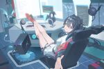  1girl arknights bare_legs black_coat black_hair chair chinese_commentary closure_(arknights) coat commentary computer_keyboard crossed_legs dated dl_fengyu floating floating_object from_behind full_body hair_intakes headphones highres hologram holographic_monitor indoors legs_on_table long_hair looking_at_viewer looking_back no_shoes on_chair open_clothes open_coat outstretched_arm reaching reaching_towards_viewer red_eyes rug shirt signature sitting smile socks solo speaker swivel_chair tile_floor tiles white_shirt 