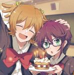  2girls :d :o ^_^ arm_up bell birthday birthday_cake blonde_hair blurry blurry_background blush bow bowtie breast_pocket cake candle closed_eyes collared_shirt commentary_request daiba_nana day depth_of_field facing_viewer fingernails flipped_bangs food green_eyes green_ribbon grey_jacket hair_bell hair_between_eyes hair_ornament hair_ribbon hand_on_another's_head hand_up highres holding holding_plate hoshimi_junna indoors jacket light_particles long_sleeves looking_at_viewer low_side_ponytail multiple_girls open_clothes open_jacket open_mouth plate pocket purple_hair red_bow red_bowtie ribbon school_uniform seisho_music_academy_school_uniform shirt shoujo_kageki_revue_starlight side-by-side side_ponytail sidelocks sikyo69 smile strawberry_shortcake two_side_up upper_body white_shirt 