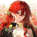  1girl artist_request black_gloves black_jacket breasts chinese_commentary cleavage commentary_request commission dress earrings floral_background flower gloves highres himeko_(honkai:_star_rail) honkai:_star_rail honkai_(series) jacket jacket_on_shoulders jewelry large_breasts long_hair looking_at_viewer red_flower red_rose rose second-party_source smile solo upper_body very_long_hair white_dress yellow_eyes 