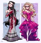  2girls :/ anita_lesnecki arm_across_chest arm_at_side black_hair black_ribbon black_trim blonde_hair blood blood_on_clothes blood_on_dress blood_on_gloves blue_background blue_eyes bracelet caustics character_name closed_mouth commentary curly_hair detached_sleeves dress dress_flower dress_ribbon earrings elbow_gloves empire_waist english_commentary english_text flower forehead framed_breasts frills full_body furrowed_brow glasses gloves grey_dress grey_gloves hair_behind_ear hair_slicked_back half_updo head_tilt heart heart_necklace high-low_dress high_heels highres holding_own_dress jennifer's_body jennifer_check jewelry lace-trimmed_dress lace_trim libbly_libby light_smile lips long_hair looking_ahead lower_eyelashes_only multiple_girls necklace outside_border pantyhose parted_hair pendant pink_dress pink_flower pink_shoes pink_sleeves puffy_short_sleeves puffy_sleeves purple_background raised_inner_eyebrows ribbon see-through_clothes see-through_dress_layer see-through_sleeves shoes short_sleeves signature silver_earrings sleeveless sleeveless_dress spaghetti_strap sparkle_background standing straight_hair strapless strapless_dress text_background tube_dress two-tone_background very_long_hair white_pantyhose worried 