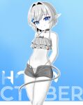  1boy absurdres arms_behind_back basher bikini blue_background blue_bow blue_eyes boros_(ouro_kronii) bow choker commentary cowboy_shot crossdressing crossdressing_(mtf) english_commentary greyscale_with_colored_background hair_bow hair_intakes highleg highleg_bikini highres hololive hololive_english looking_at_viewer male_focus navel open_fly personification pointy_ears ruffle_bikini short_hair short_shorts shorts smile snake_boy snake_tail solo spot_color stomach swimsuit tail trap virtual_youtuber 