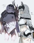  1girl absurdres bandaged_waist breasts cloak cococococall commentary_request deer dog_tags goddess_of_victory:_nikke head-mounted_display highres korean_commentary long_hair mechanical_arms multiple_scars navel profile scar scar_on_leg scar_on_thigh single_mechanical_arm snow_white_(heavy_arms)_(nikke) snow_white_(nikke) torn_cloak torn_clothes white_background white_cloak white_hair yellow_eyes 