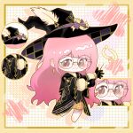  1girl :3 absurdres argyle_clothes argyle_hat artist_request barefoot black-framed_eyewear black_gloves black_hat black_robe blunt_bangs border bow chibi chinese_commentary close-up closed_mouth commentary_request commission diamond-shaped_earrings diamond_(shape) drop_shadow earrings enchanted_writing_(infinity_nikki) glasses gloves gold_earrings grid_background happy hat hat_bow hat_feather highres holding holding_wand hood hood_down hooded_robe infinity_nikki jewelry layered_sleeves long_hair long_sleeves medium_skirt nikki_(nikki) nikki_(series) orange_skirt outline picture_frame pink_hair plaid_clothes plaid_skirt puffy_long_sleeves puffy_sleeves purple_bow robe round_eyewear second-party_source shirt sidelocks skirt smile solo standing star_(symbol) star_symbol_background turtleneck turtleneck_shirt two-sided_fabric two-sided_headwear very_long_hair wand wavy_hair white_background white_bow white_outline white_shirt wide_sleeves wizard wizard_hat yellow_border 