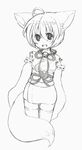  ahoge animal_ears bell fox_ears fox_tail jingle_bell monochrome open_mouth original ribbon-trimmed_sleeves ribbon_trim shiropuni short_hair simple_background smile solo tail thighhighs white_background 