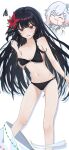  1girl bare_shoulders bikini black_bikini black_bra black_hair black_panties bra bra_slip breasts collarbone commentary_request flower hair_flower hair_ornament highres long_hair looking_at_viewer mahou_shoujo_no_majo_saiban medium_breasts navel nervous nikaido_hiro o-ring o-ring_bottom o-ring_bra o-ring_panties off_shoulder omegayukichi panties red_eyes red_flower sakuraba_ema simple_background strap_slip swimsuit thighs twitter_cutting_game twitter_strip_game underwear wardrobe_malfunction white_background 
