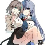  2girls absurdres arcaea ass black_skirt blonde_hair blue_dress blue_eyes blue_hair carrying clothing_cutout collar collared_dress commentary_request commission compassion_(arcaea) cross-laced_clothes cross-laced_skirt diamond-shaped_earrings dress earrings english_commentary frilled_collar frilled_sleeves frills gauze gauze_on_face grey_hair highres insight_(arcaea) jewelry korean_commentary long_hair long_sleeves mixed-language_commentary multicolored_hair multiple_girls neck_ribbon necktie no_panties onionion0724 open_mouth princess_carry purple_eyes red_necktie ribbon shirt short_hair side_cutout simple_background single_shoulder_pad skirt sleeve_ribbon smile streaked_hair white_background white_shirt white_sleeves yuri 