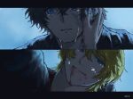  2boys beard_stubble black_border black_hair blonde_hair blood blood_from_mouth blue_eyes border brothers clive_rosfield crying facial_hair final_fantasy final_fantasy_xvi hair_between_eyes hand_on_another's_cheek hand_on_another's_face highres joshua_rosfield kesiki_99 letterboxed male_focus multiple_boys parted_lips sad_smile siblings stubble tears upper_body wiping_another's_face 