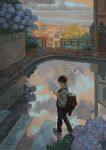  1boy absurdres artist_name backpack bag black_hair black_pants blue_flower brown_bag brush_stroke cityscape cloud cloudy_sky commentary_request crosswalk day flower from_above hands_up highres holding holding_strap holding_umbrella hydrangea long_sleeves looking_at_viewer looking_to_the_side looking_up original outdoors pants reflection reflective_liquid shigre shirt shoes short_hair signature sky sneakers solo standing transparent transparent_umbrella turning_head umbrella utility_pole walking walking_on_liquid water white_shirt white_shoes wide_shot 