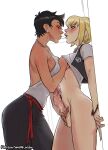  2girls after_kiss against_wall black_hair blonde_hair blush bottomless breasts clothes_lift commentary cum cum_on_body cum_on_hands cum_on_penis dark-skinned_female dark_skin dc_comics english_commentary futa_with_female futanari handjob highres huge_penis lois_lane multiple_girls my_adventures_with_superman penis shirt_lift sideboob smollb_nsfw supergirl superman_(series) testicles thighs 