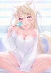  1girl alternate_costume animal_ear_fluff animal_ears arm_up astrachan949 bare_shoulders between_legs blonde_hair blue_hair blush breasts cleavage commentary dog_ears dog_girl dog_tail dot_nose double-parted_bangs eating food fuwawa_abyssgard hair_between_eyes hand_between_own_legs highres hololive hololive_english knees_apart_feet_together large_breasts long_hair looking_at_viewer multicolored_hair no_pants open_mouth pink_eyes popsicle shirt sitting sitting_on_stairs stairs streaked_hair sweat tail untranslatable_commentary virtual_youtuber white_shirt 