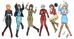  6+girls arms_up belt blonde_hair blue_eyes blush boots breasts brown_hair char's_counterattack christina_mackenzie christina_mackenzie_(cosplay) cleavage collarbone commentary_request cosplay full_body green_eyes grey_hair gundam gundam_0080 gundam_0083 high_heels highres long_hair long_sleeves looking_at_viewer lying medium_hair military_uniform multiple_girls necktie neo_zeon on_back on_side open_mouth orange_hair original pantyhose pencil_skirt red_hair seotaku_(kyokkou) shoes short_hair skirt sweat unbuttoned unbuttoned_shirt undone_necktie unworn_shoes yellow_eyes zeon zeta_gundam 
