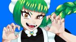  1girl blue_background bow bowtie braid brown_eyes claw_pose commentary_request eyelashes garagara_(m7k_he6) green_hair hands_up headdress lebanne_(pokemon) long_hair looking_at_viewer open_mouth pokemon pokemon_legends:_z-a simple_background solo teeth tongue upper_body white_bow white_bowtie 