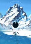  1girl black_boots black_hole blue_sky boots commentary_request day footprints from_side grey_hair halo highres holding long_hair mecha_musume mountain natori_youkai original outdoors scenery sky snow solo standing very_long_hair very_wide_shot 