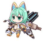  1girl black_gloves black_panties black_tube_top breasts cat chibi commentary_request detached_sleeves dhirufix electrical_outlet emil_chronicle_online gloves gold_sleeves green_eyes green_hair mechanical_boots mechanical_ears mechanical_tail mechanical_wings navel panties pants shugoma_hazuki small_breasts strapless tail tube_top two-tone_sleeves underwear white_background white_pants white_sleeves wings 