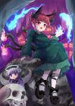  2girls :3 absurdres animal_ears black_ribbon black_shoes blue_fire bow bowtie braid breasts building cat_ears cat_tail cave cave_interior commentary dress extra_ears fairy fairy_wings fiery_tail fire flaming_skull floating_skull green_dress guminemi hair_bow halo highres kaenbyou_rin leg_ribbon long_hair long_sleeves looking_at_viewer medium_breasts multiple_girls multiple_tails nekomata open_mouth purple_bow purple_bowtie purple_dress purple_eyes purple_hair red_eyes red_hair red_nails ribbon shoes sitting skull smile solo_focus tail touhou twin_braids two_tails wings zombie_fairy_(touhou) 