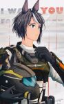  1girl animal_ear_helmet animal_helmet armor assault_visor belt black_gloves black_hair blue_eyes bracer breastplate closed_mouth commentary_request cosplay dated english_text explosion expressionless fuji_kiseki_(umamusume) gloves grey_hair hand_up helldiver_(helldivers) helldiver_(helldivers)_(cosplay) helldivers_(series) helm helmet highres holding looking_ahead multicolored_hair sakamo_nemo short_hair shoulder_armor signature solo two-tone_hair umamusume unworn_headwear unworn_helmet upper_body utility_belt 