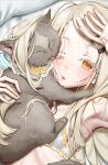  1girl absurdres armpits blonde_hair bra cat gakuen_idolmaster highres idolmaster looking_at_viewer lying on_back on_bed one_eye_closed orange_hair ribs shinosawa_hiro shupami skinny solo underwear white_bra 