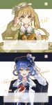  2girls :d absurdres alternate_costume apple arm_behind_head artist_request baguette basket black_capelet black_hat blonde_hair blue_hair braid braided_hair_rings bread capelet character_name chinese_commentary chinese_text closed_mouth collared_shirt commentary_request commission earrings flower food fruit green_background green_eyes green_hat green_jacket hair_rings hand_up hat hat_flower highres holding holding_basket holding_food holding_fruit jacket jewelry long_hair long_sleeves looking_at_viewer mahou_shoujo_no_majo_saiban multiple_girls off_shoulder open_mouth outline puffy_long_sleeves puffy_sleeves second-party_source shirt short_hair smile tachibana_sherry tono_hanna translation_request twintails upper_body video_game_dialogue_box white_flower white_shirt yellow_eyes 