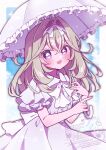  1girl alternate_costume antenna_hair blush border bow bowtie commentary cowboy_shot grey_hair hair_intakes highres holding holding_umbrella long_hair looking_at_viewer meitantei_precure! moria_luluka open_mouth precure purple_eyes sidelocks smile solo umbrella umecha_0 watermark white_border white_bow white_bowtie white_umbrella 