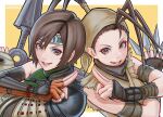  2girls absurdres ai_shou antenna_hair arm_guards armor artist_name back-to-back bandana border brown_eyes brown_hair commentary crossed_arms crossover final_fantasy final_fantasy_vii final_fantasy_vii_rebirth final_fantasy_vii_remake fingerless_gloves gloves green_shirt headband high_ponytail highres holding holding_kunai holding_shuriken holding_weapon ibuki_(street_fighter) japanese_armor kuji-in kunai long_hair multiple_girls ninja orange_gloves pauldrons ponytail ribbed_shirt shirt short_hair shoulder_armor shuriken single_bare_shoulder single_pauldron sleeveless sleeveless_turtleneck smile street_fighter street_fighter_iii_(series) trait_connection turtleneck weapon white_border yellow_background yuffie_kisaragi 