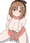  1girl areola_slip atelier_(series) atelier_ryza atelier_ryza_1 bikini black_hairband blush breasts brown_eyes brown_hair closed_mouth commentary_request ecgg_(tsuji418477) hair_ornament hairband hairclip highres large_breasts looking_at_viewer micro_bikini reisalin_stout short_hair sitting solo swimsuit 